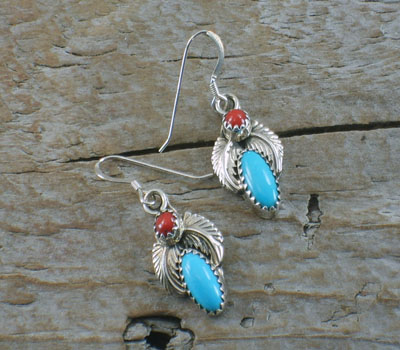 Native American Turquoise Coral Corn Style Dangle